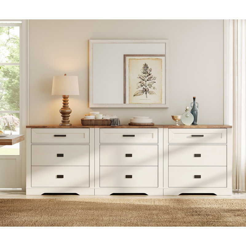 Latitude Run Farmhouse 9 Drawers Dresser for Bedroom 94 inch 3 in 1 Dresser with Small Chest of Drawers Mid Century Modern Wooden Closet Storage